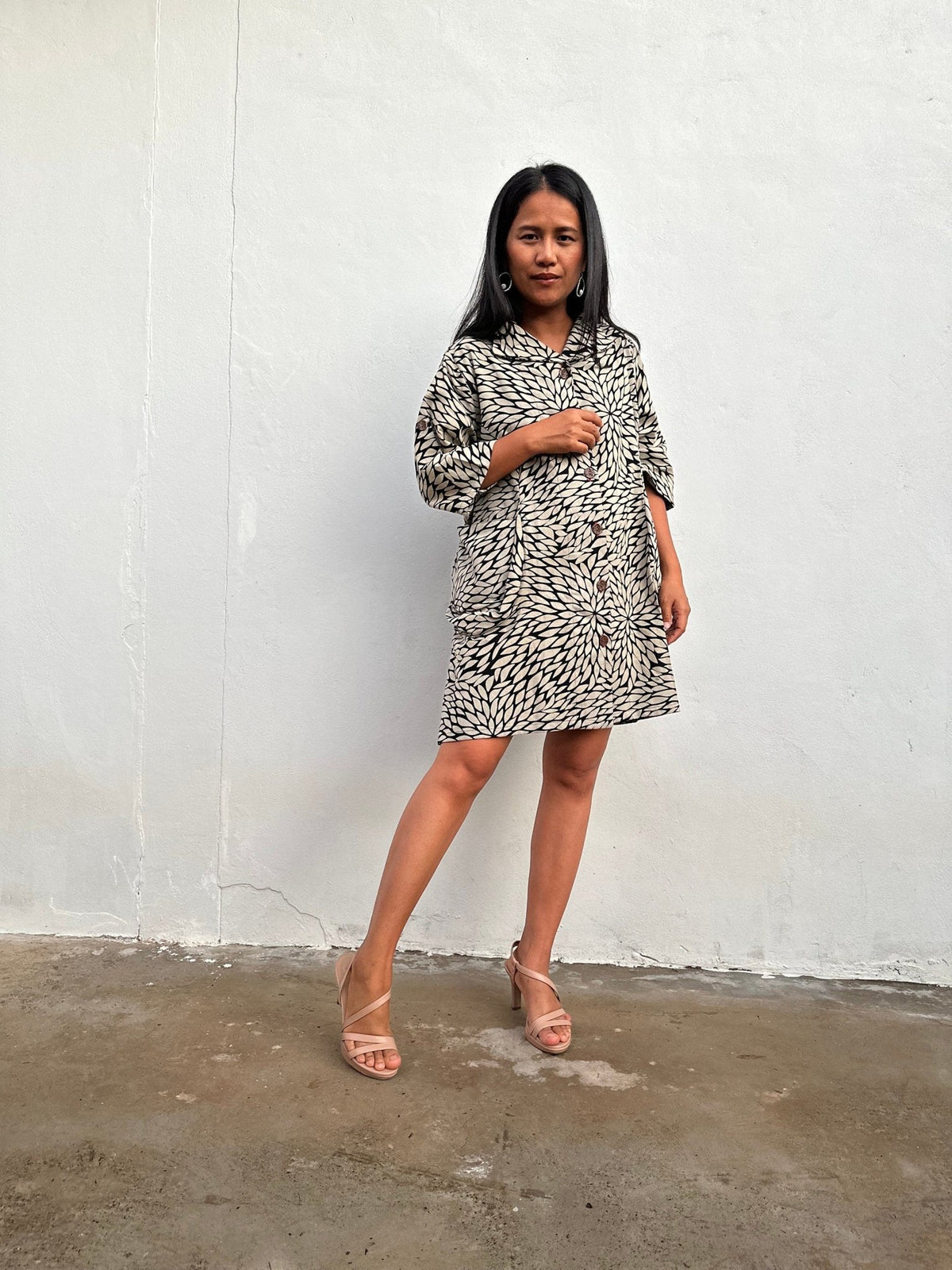 Kaia Chrysanthemum Shirt Dress in Black & Cream-KM-3-Mala Handworks