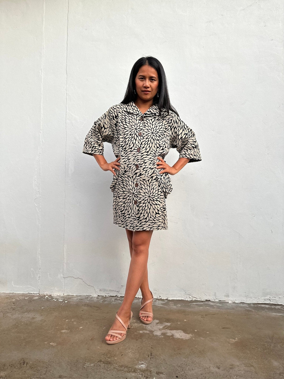 Kaia Chrysanthemum Shirt Dress in Black & Cream-KM-3-Mala Handworks
