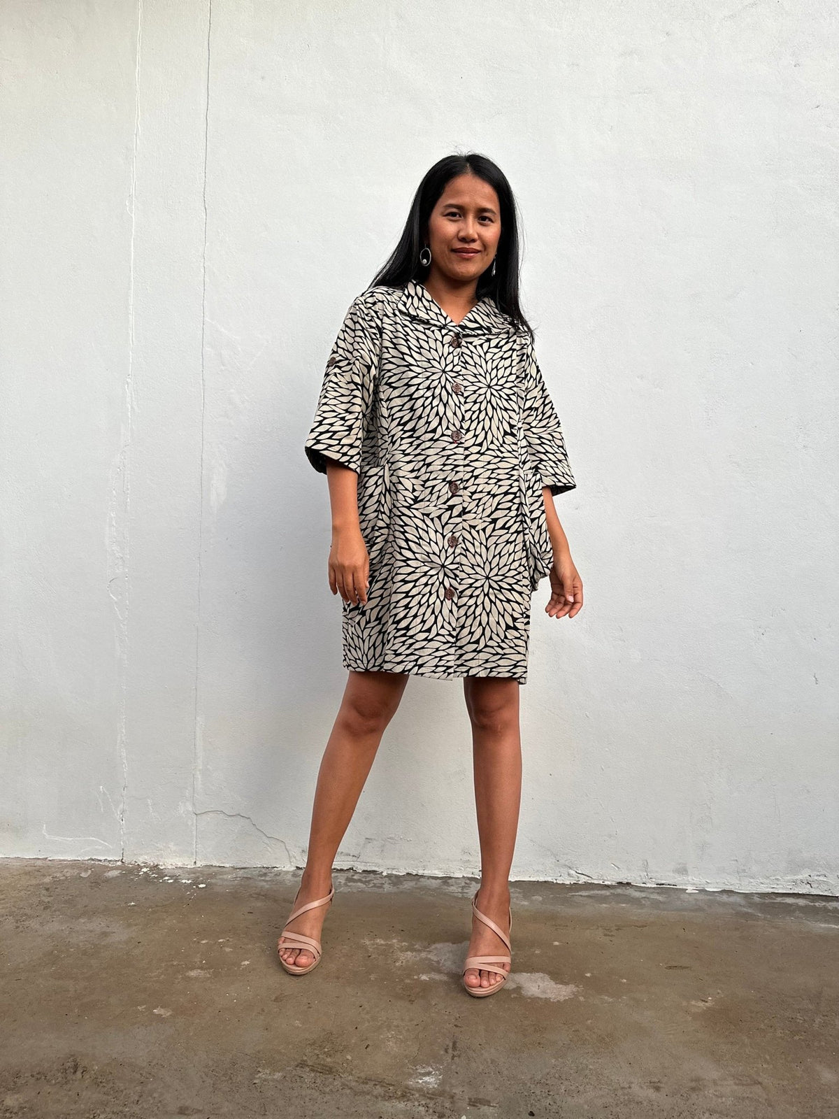 Kaia Chrysanthemum Shirt Dress in Black & Cream-KM-3-Mala Handworks