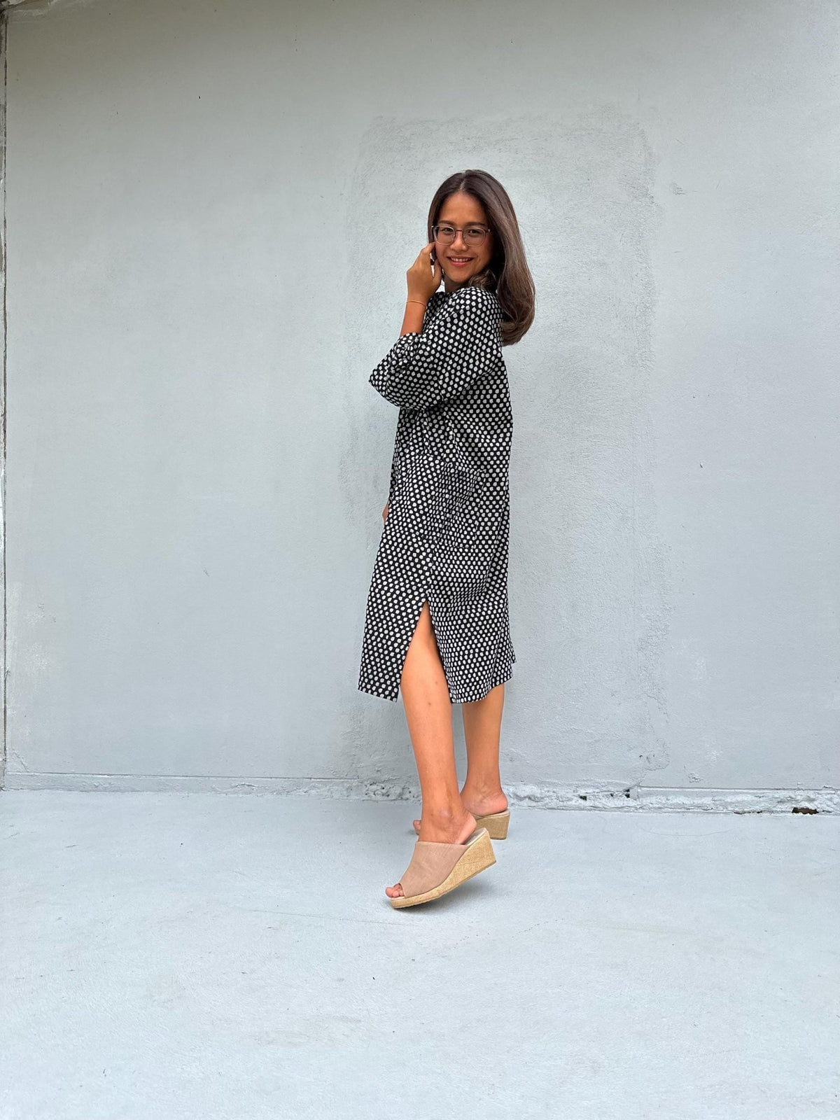 Kaia Coin Dot Shift Dress in Black & Cream-KM-12-Mala Handworks