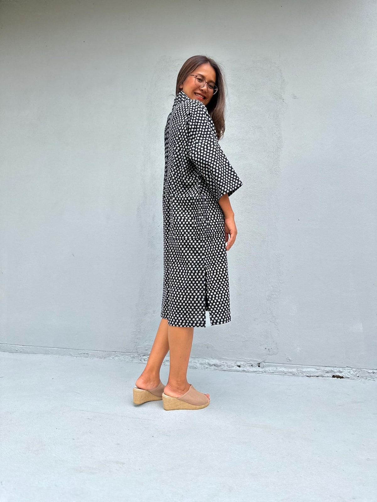 Kaia Coin Dot Shift Dress in Black & Cream-KM-12-Mala Handworks