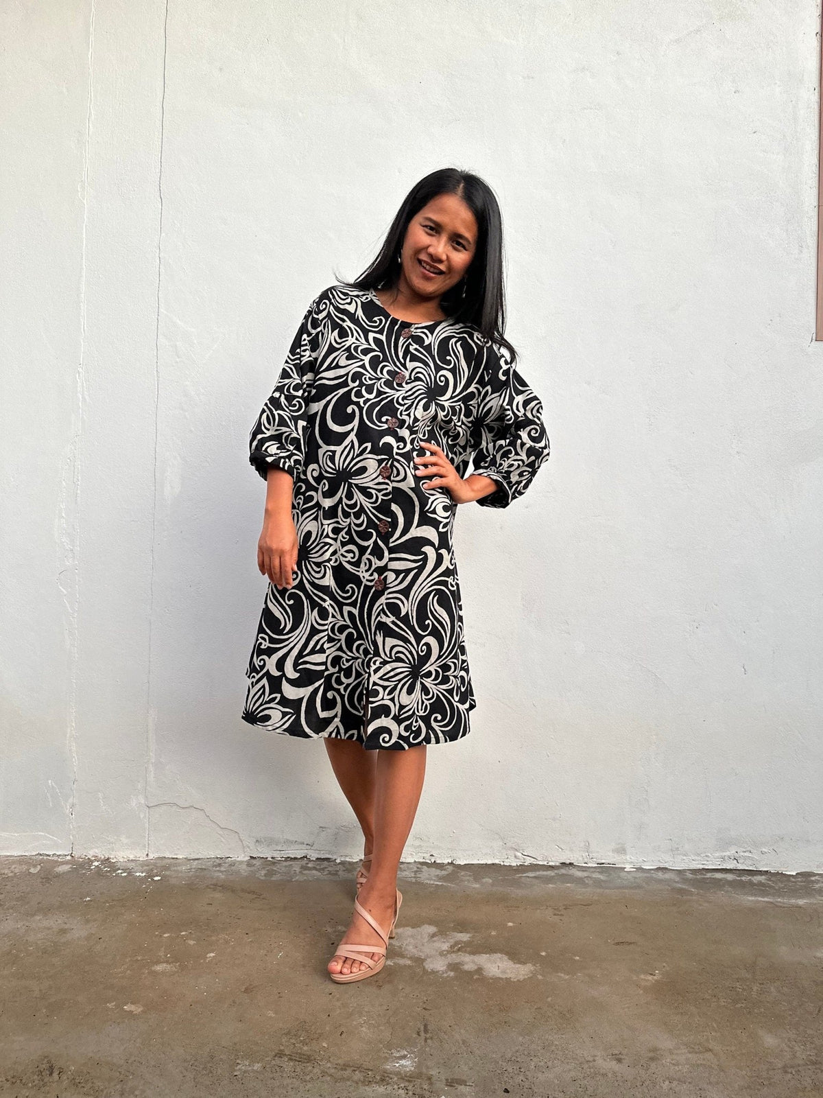 Kaia Filigree Dress in Black & Cream-KM-2-Mala Handworks