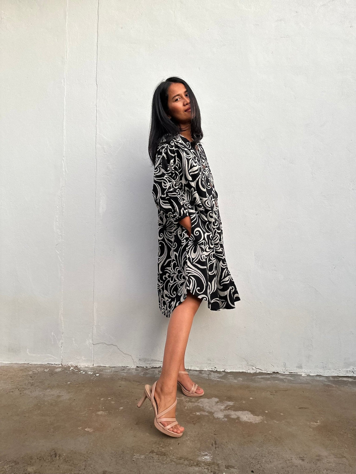 Kaia Filigree Dress in Black & Cream-KM-2-Mala Handworks