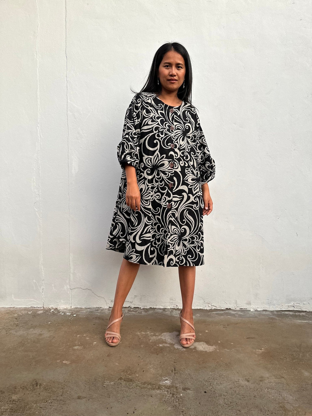 Kaia Filigree Dress in Black & Cream-KM-2-Mala Handworks