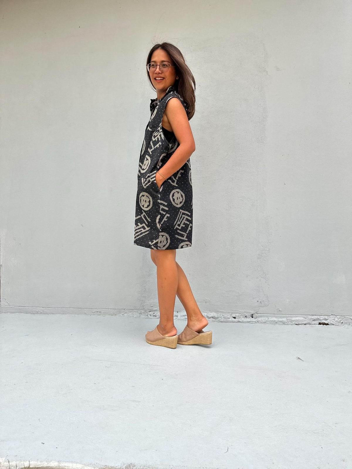 Kaia Glyph Sleeveless Dress in Black & Cream-KM-11-Mala Handworks