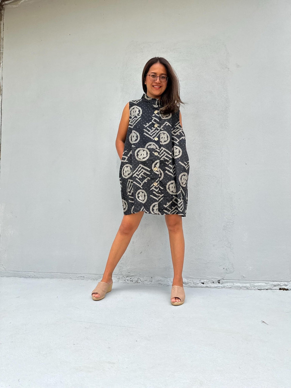 Kaia Glyph Sleeveless Dress in Black & Cream-KM-11-Mala Handworks