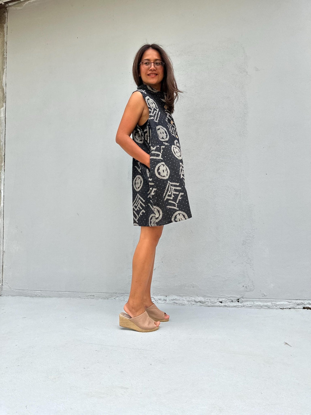 Kaia Glyph Sleeveless Dress in Black & Cream-KM-11-Mala Handworks