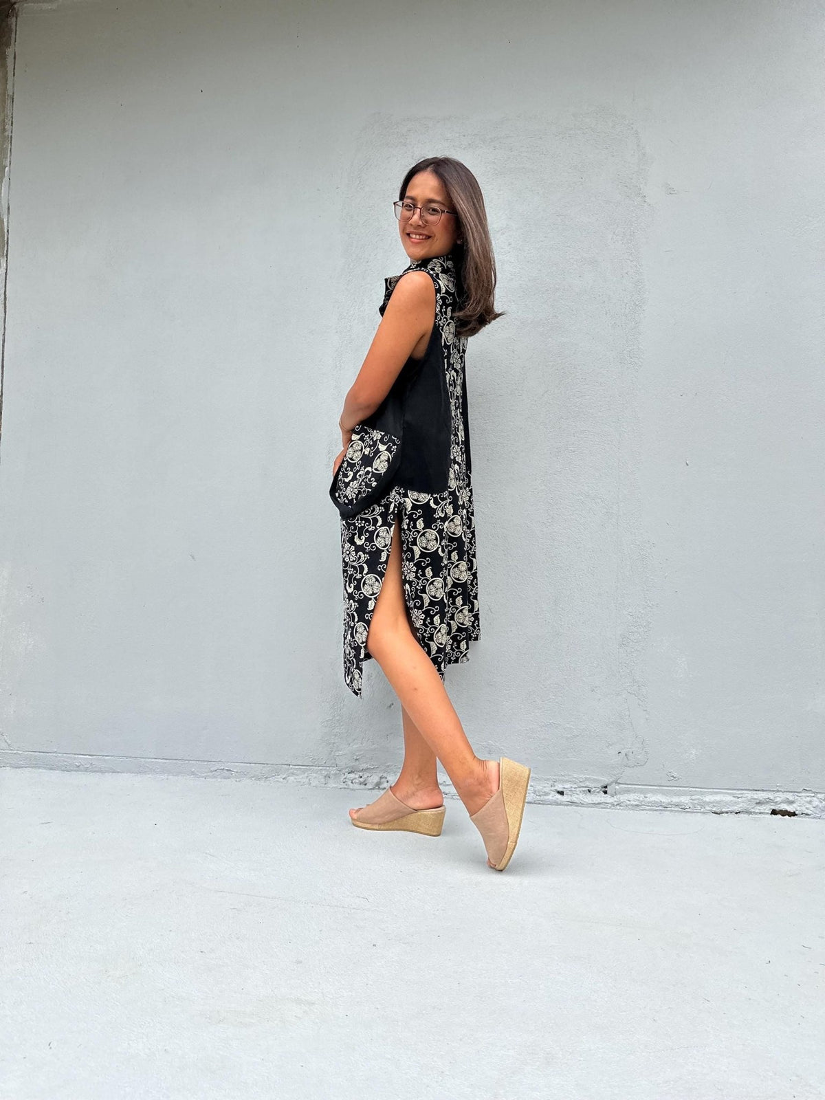 Kaia Posy Sleeveless Dress in Black & Cream-KM-6-Mala Handworks