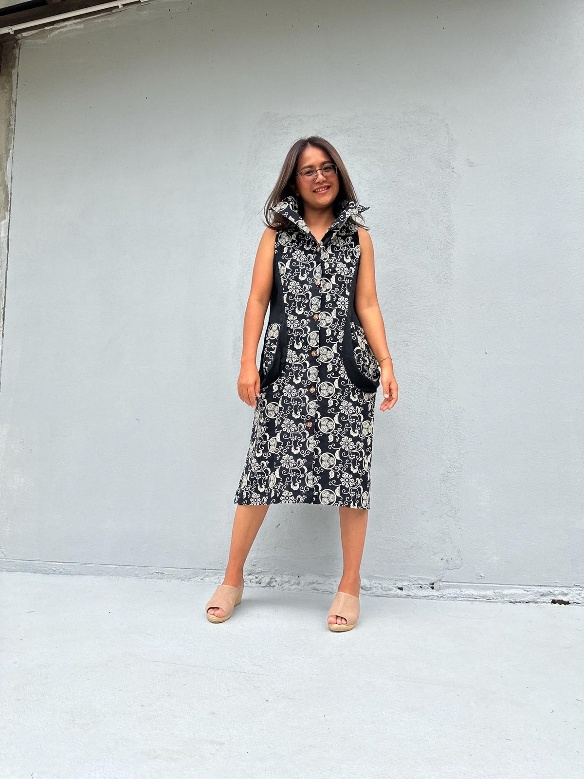 Kaia Posy Sleeveless Dress in Black & Cream-KM-6-Mala Handworks