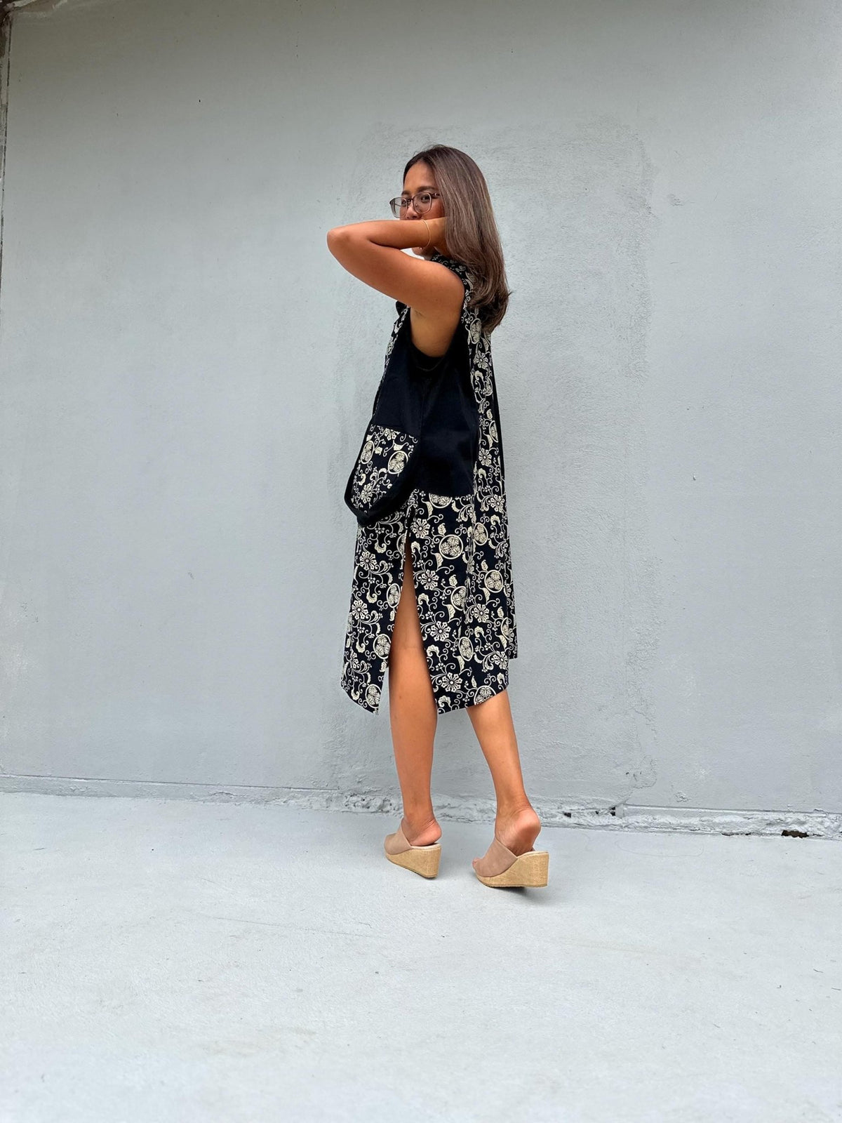 Kaia Posy Sleeveless Dress in Black & Cream-KM-6-Mala Handworks