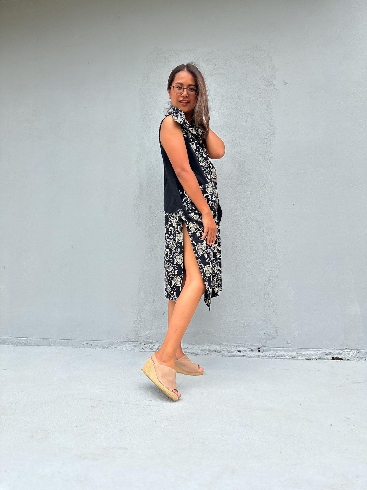 Kaia Posy Sleeveless Dress in Black & Cream-KM-6-Mala Handworks