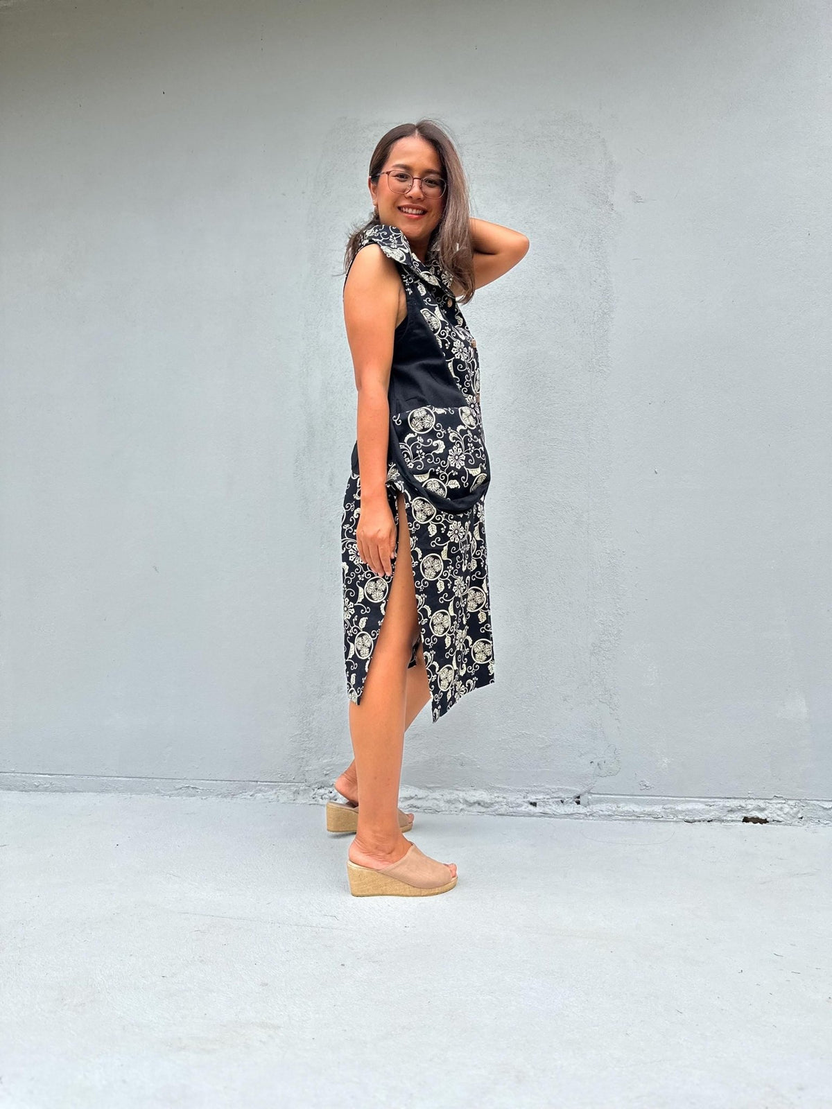 Kaia Posy Sleeveless Dress in Black & Cream-KM-6-Mala Handworks