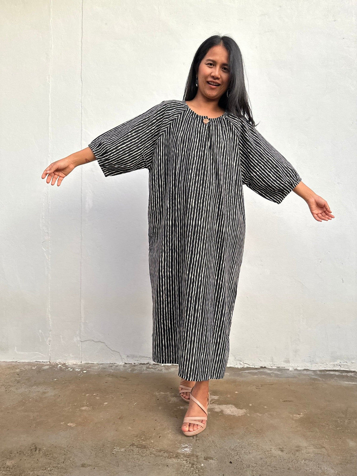 Kaia Reed Stripe Dress in Black & Cream-KM-1-Mala Handworks