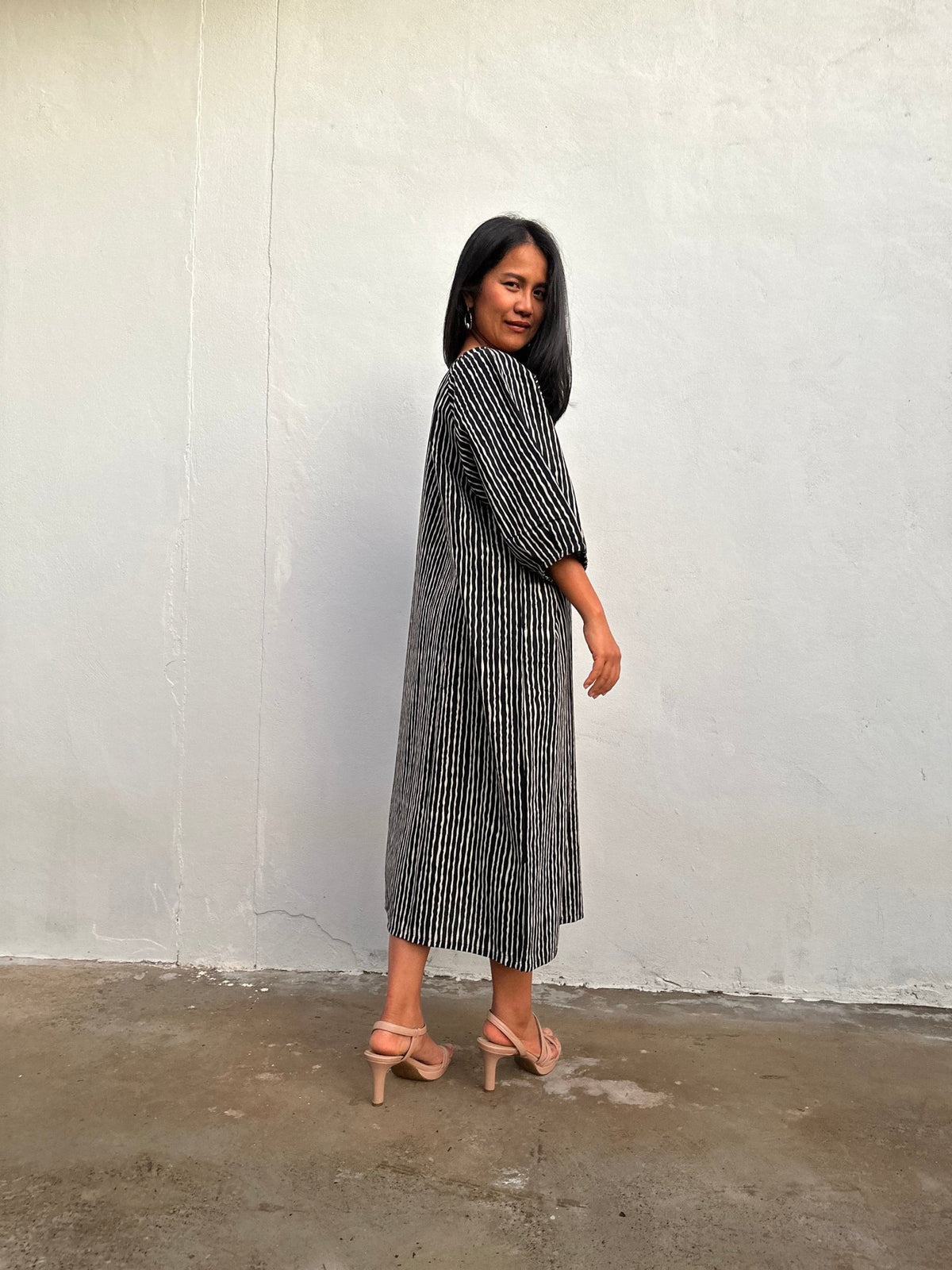 Kaia Reed Stripe Dress in Black & Cream-KM-1-Mala Handworks