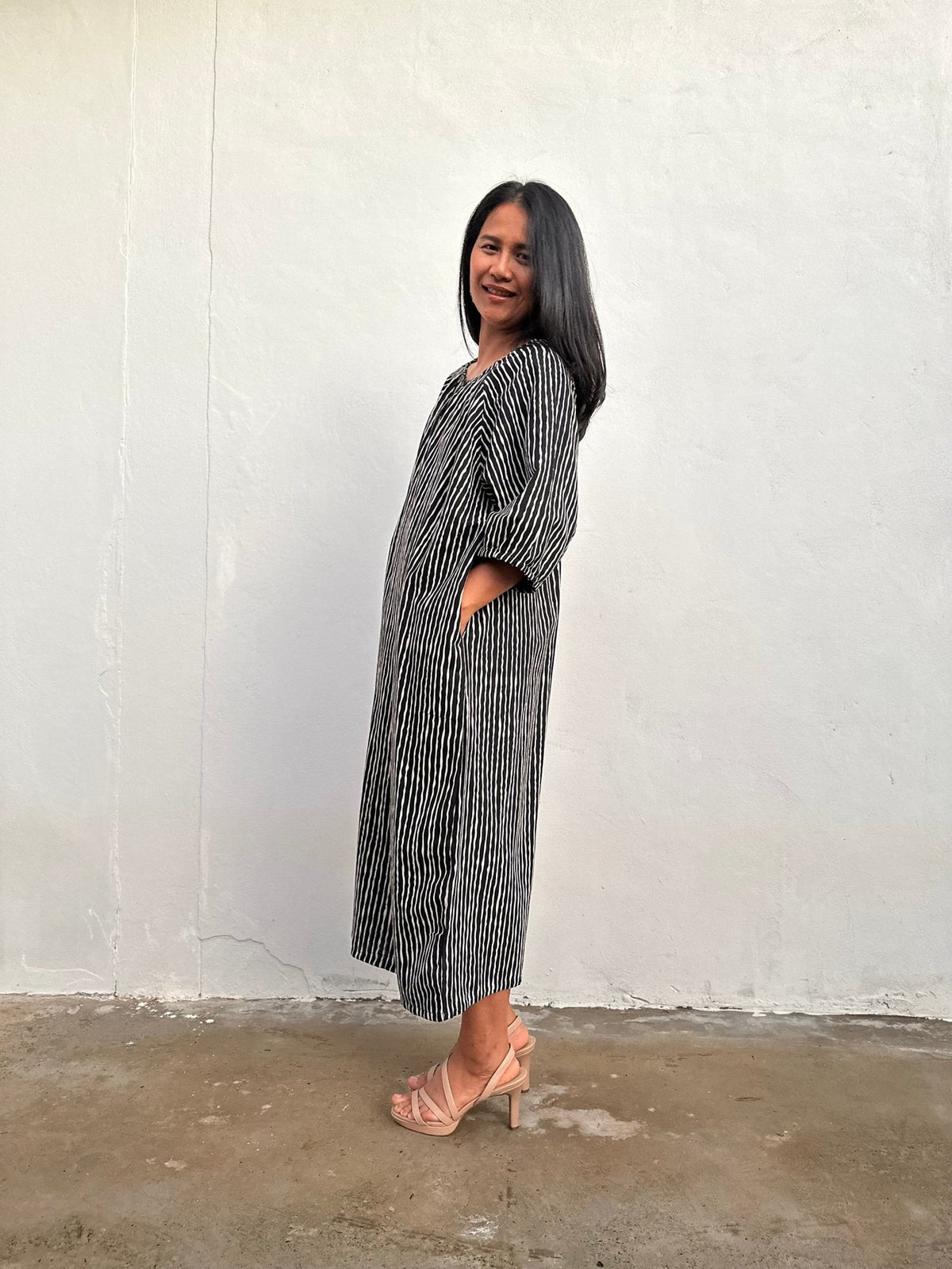 Kaia Reed Stripe Dress in Black & Cream-KM-1-Mala Handworks