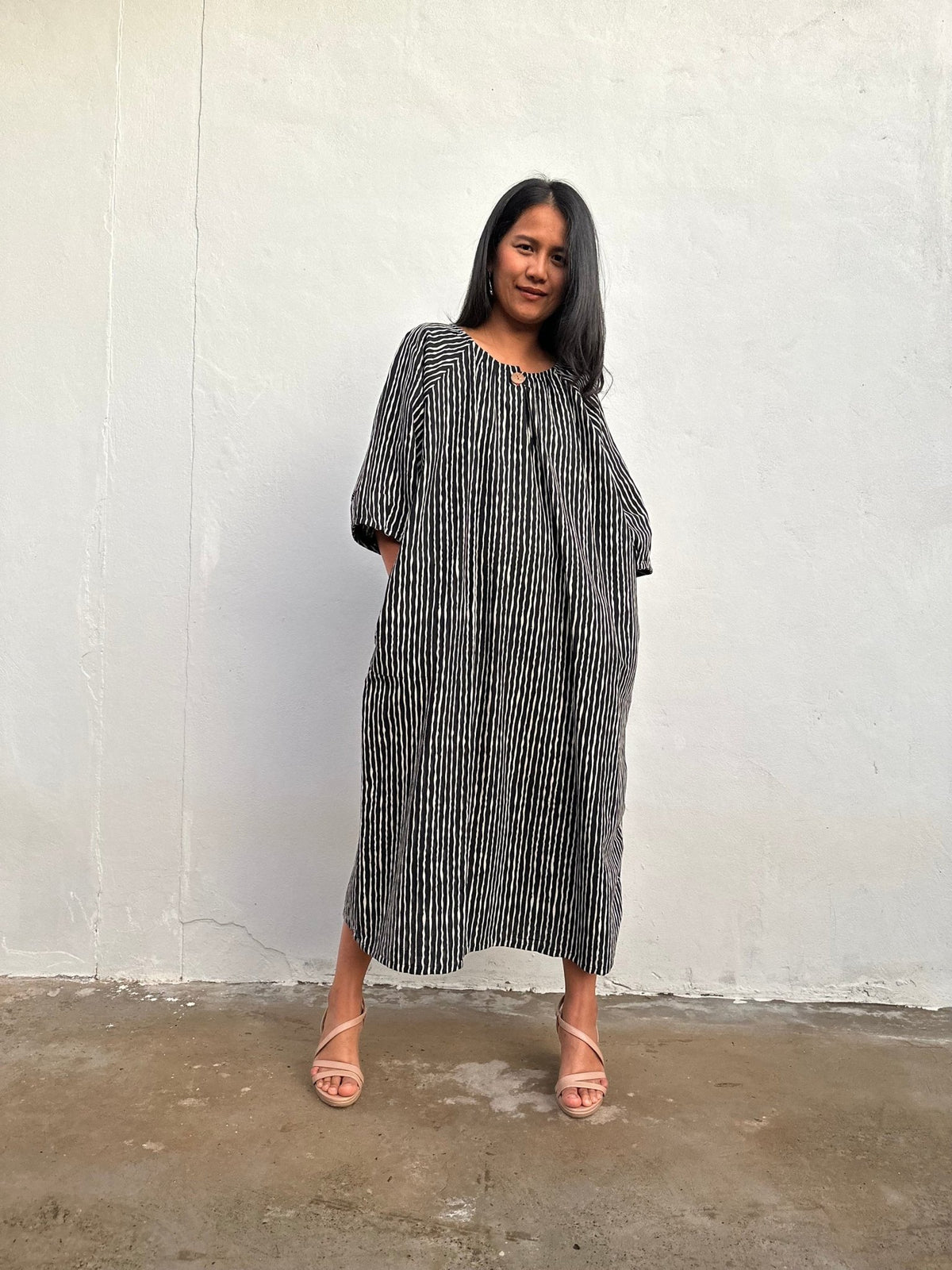 Kaia Reed Stripe Dress in Black & Cream-KM-1-Mala Handworks