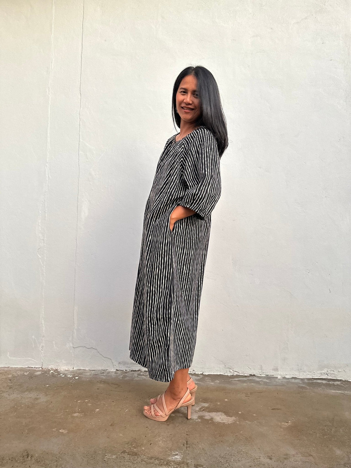 Kaia Reed Stripe Dress in Black & Cream-KM-1-Mala Handworks