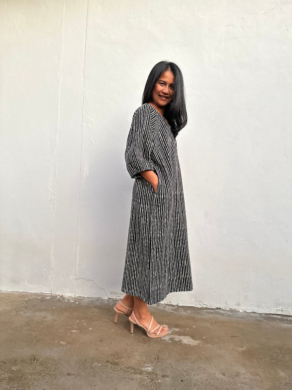 Kaia Reed Stripe Dress in Black & Cream-KM-1-Mala Handworks