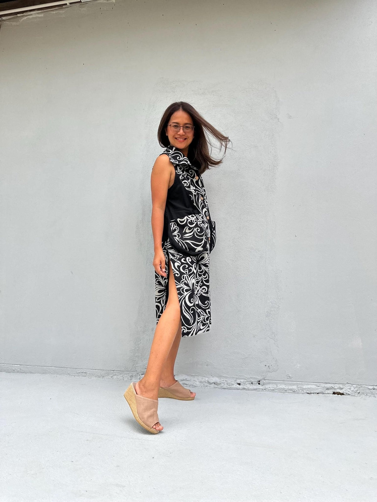 Kaia Vine Sleeveless Dress in Black & Cream-KM-9-Mala Handworks