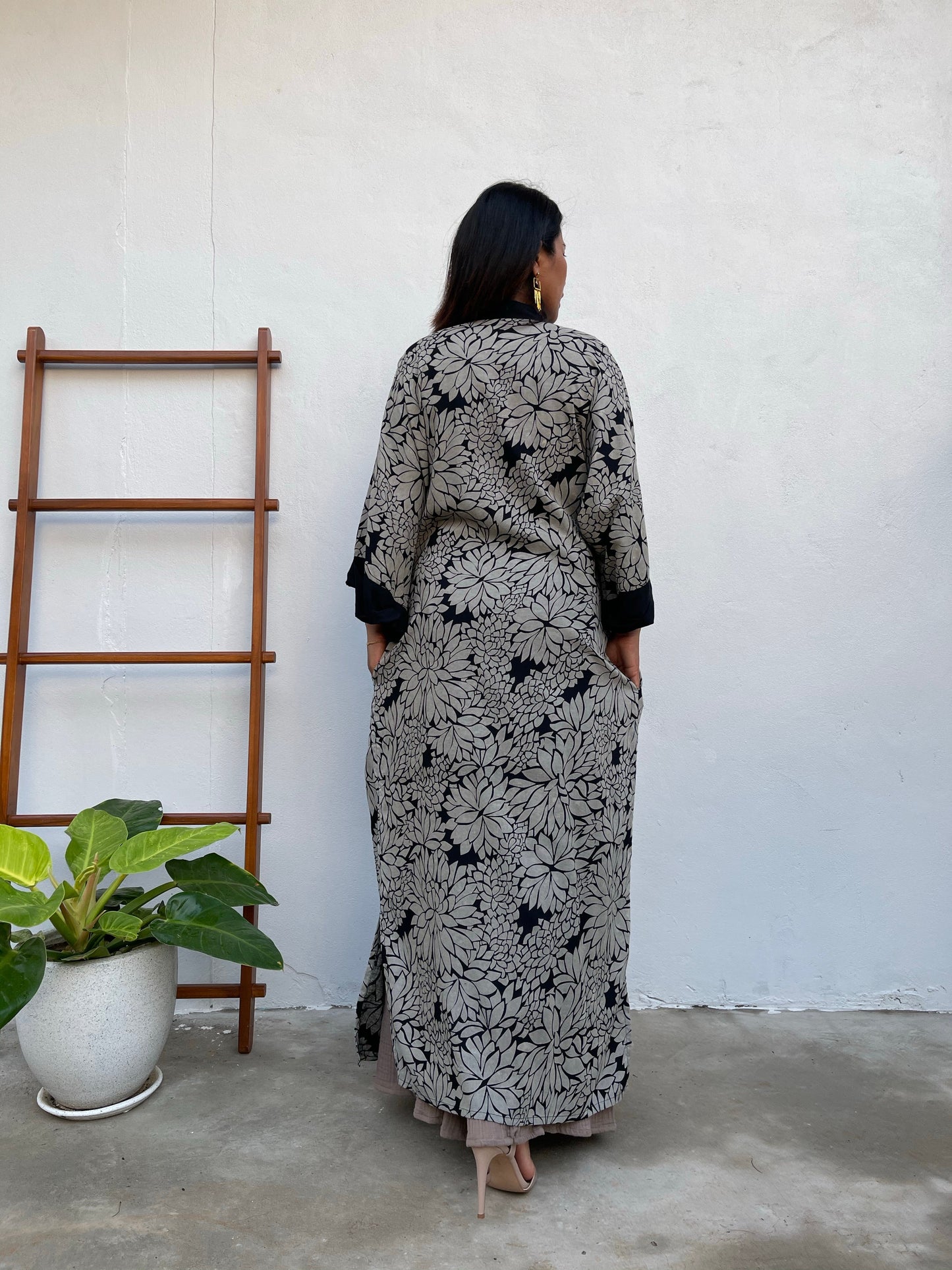 MALA handworks  Kara Robe in Black and Silkscreen Floral Print