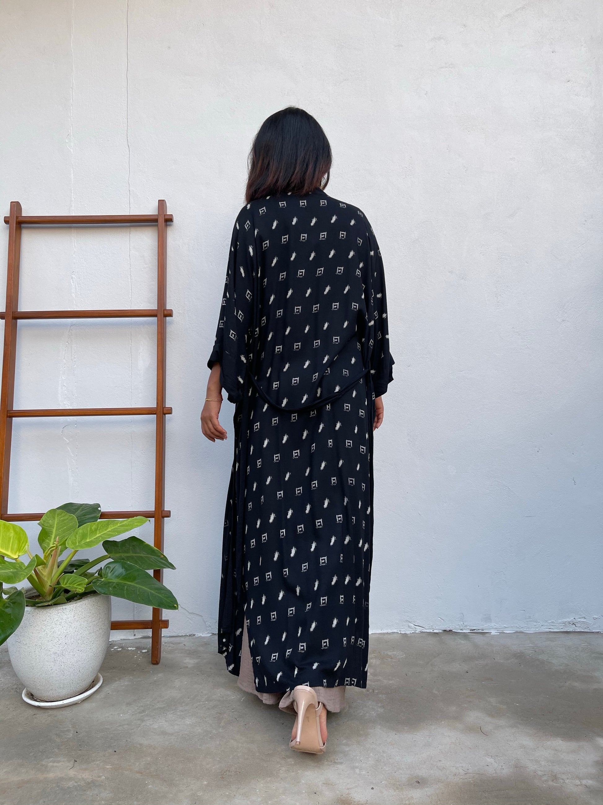 MALA handworks Kara Robe in Black and Silkscreen Polka Dot Pattern