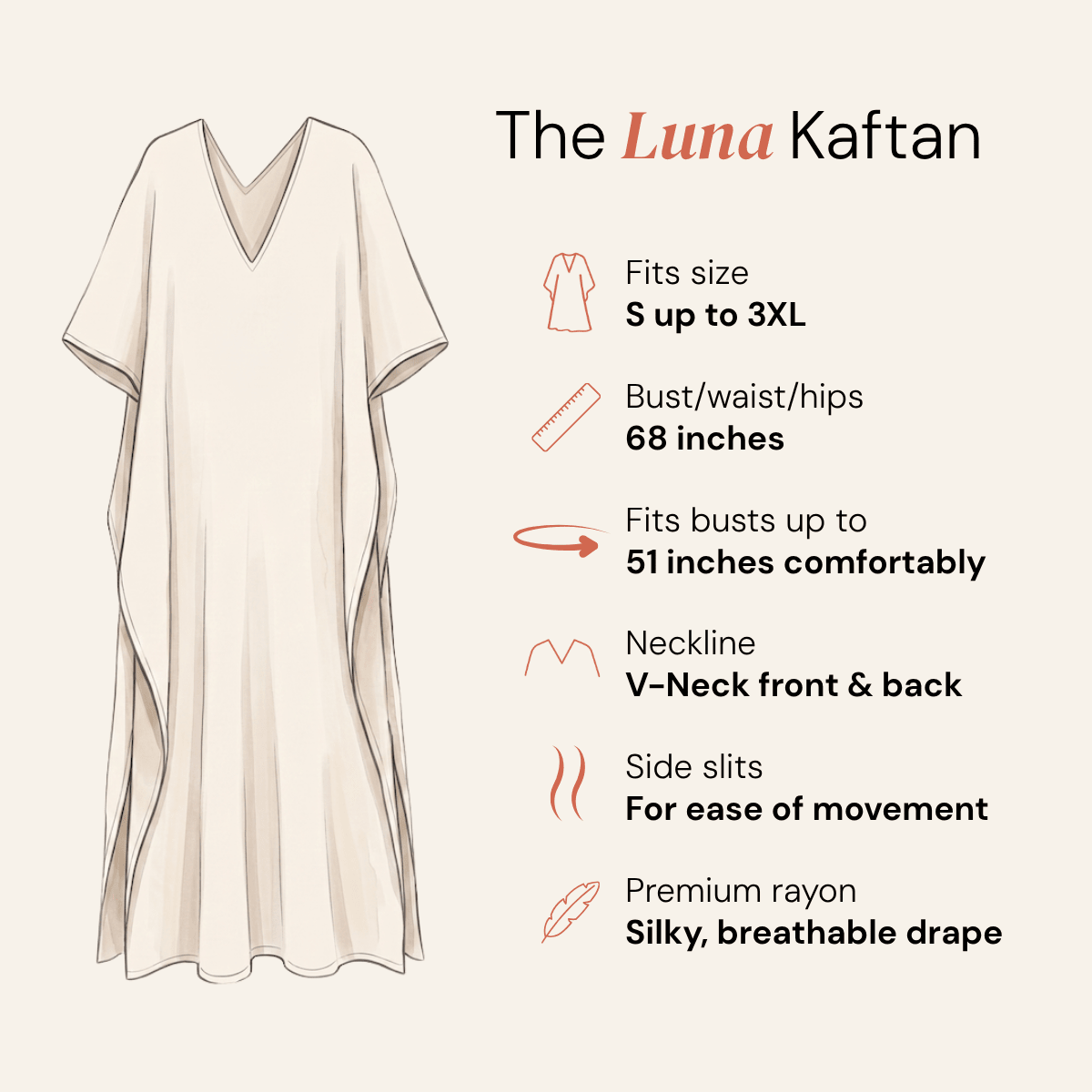 An illustrated product infographic for The Luna Kaftan. On the left is a simple line drawing of a loose, V-neck kaftan dress in a light warm cream tone.