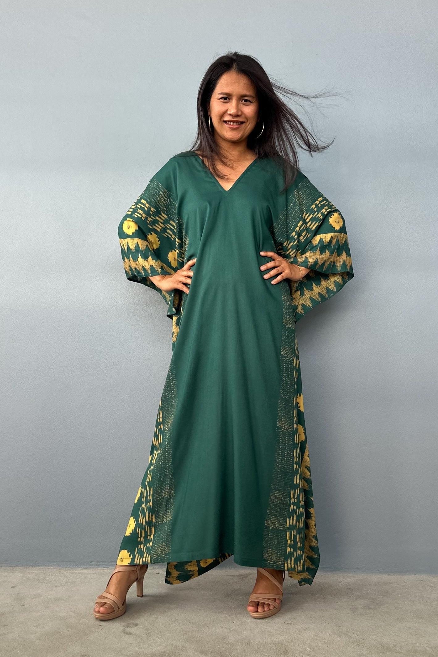 Mala Handworks  Luna Hand Screen Printed Kaftan in Green