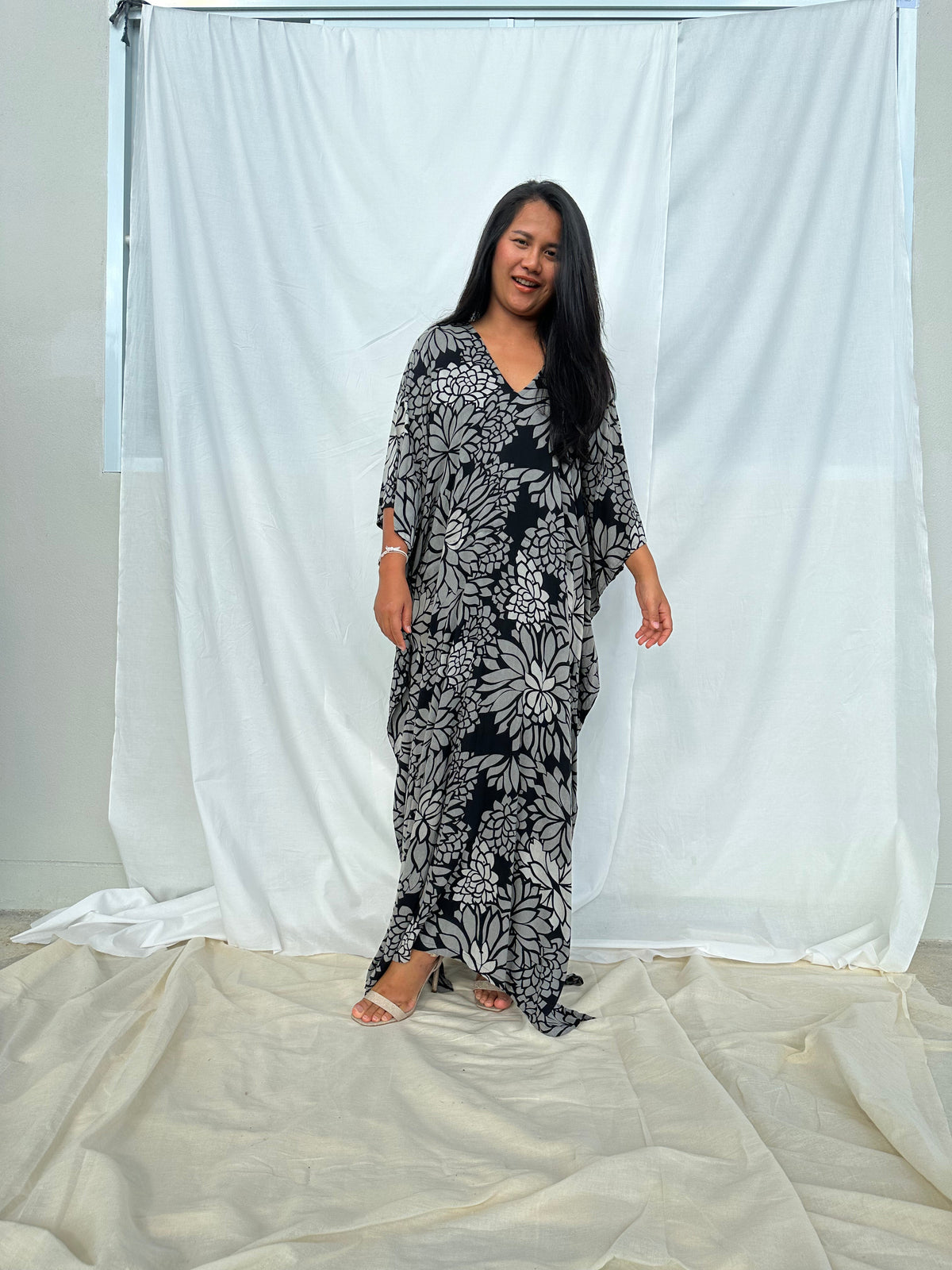 MALA handworks Luna Kaftan in Black and Floral Silkscreen