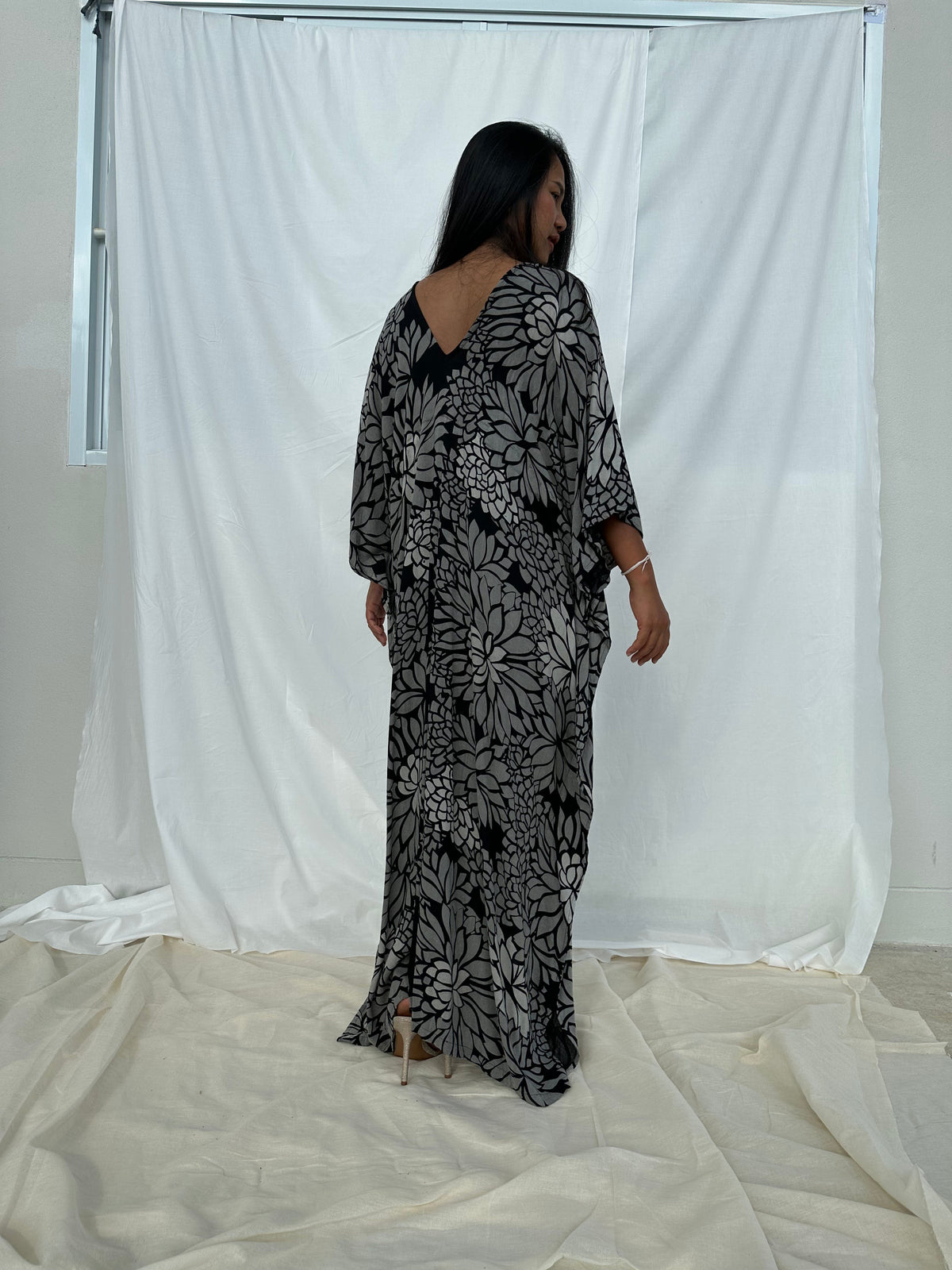 MALA handworks Luna Kaftan in Black and Floral Silkscreen