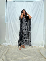 MALA handworks Luna Kaftan in Black and Floral Silkscreen