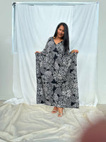 MALA handworks Luna Kaftan in Black and Floral Silkscreen