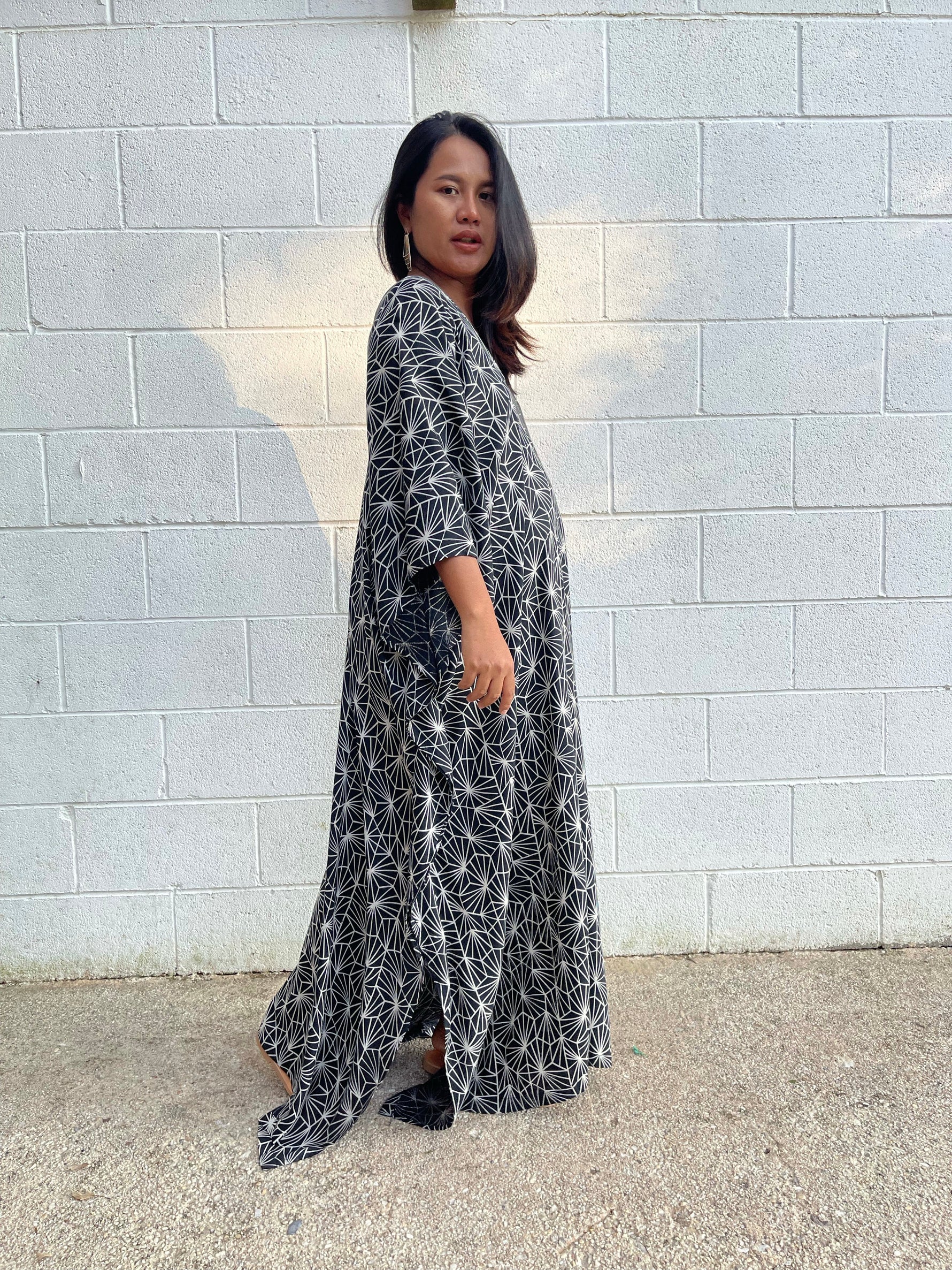 MALA handworks Luna Kaftan in Black and Geometric Silkscreen