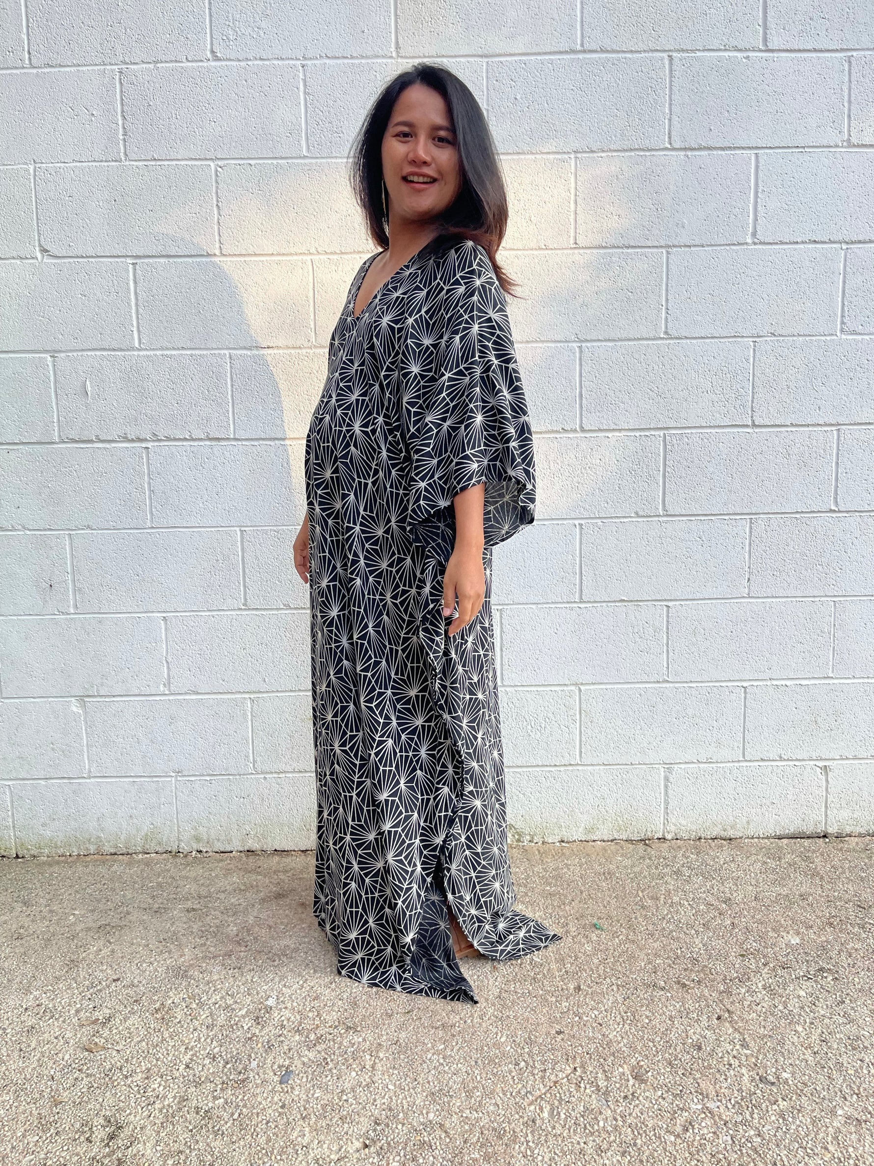 MALA handworks Luna Kaftan in Black and Geometric Silkscreen