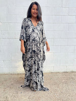 MALA handworks Luna Kaftan in Black and Geometric Silkscreen