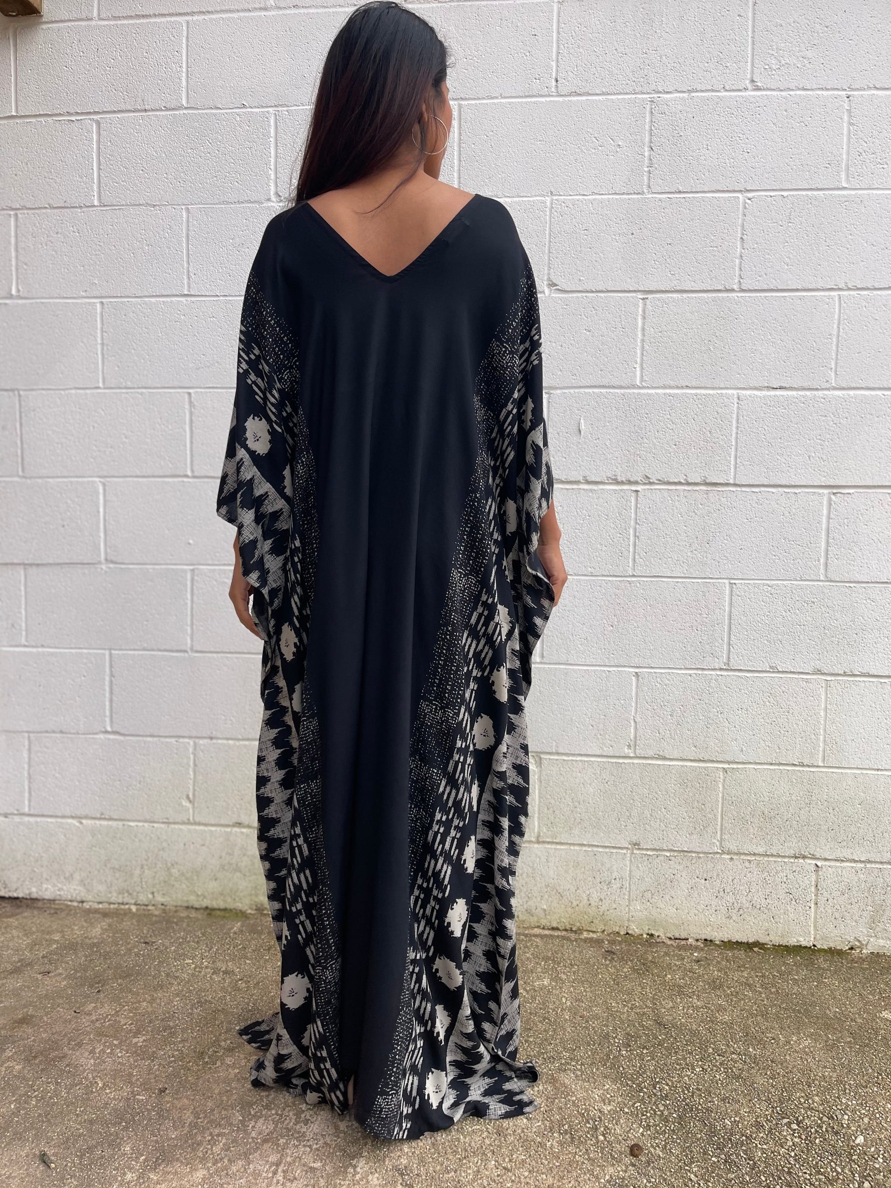 MALA handworks Luna Kaftan in Black and Pattern Silkscreen
