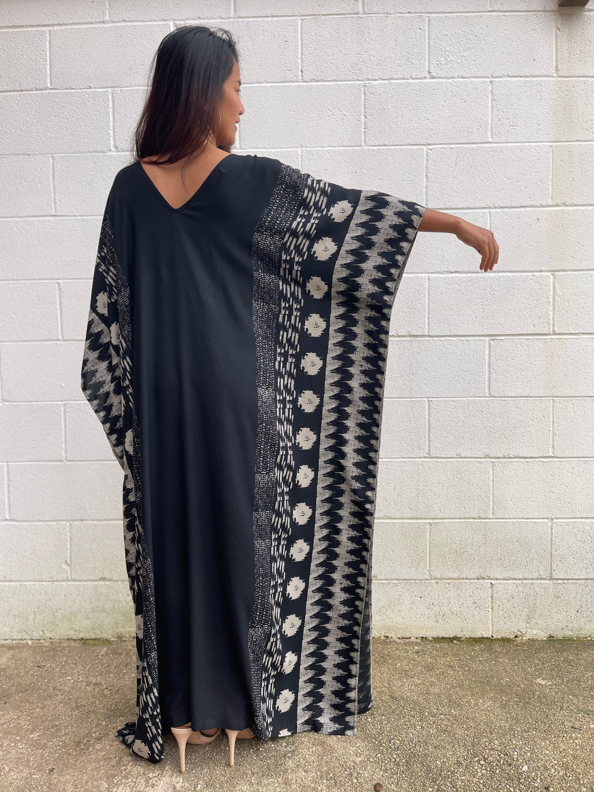 MALA handworks Luna Kaftan in Black and Pattern Silkscreen