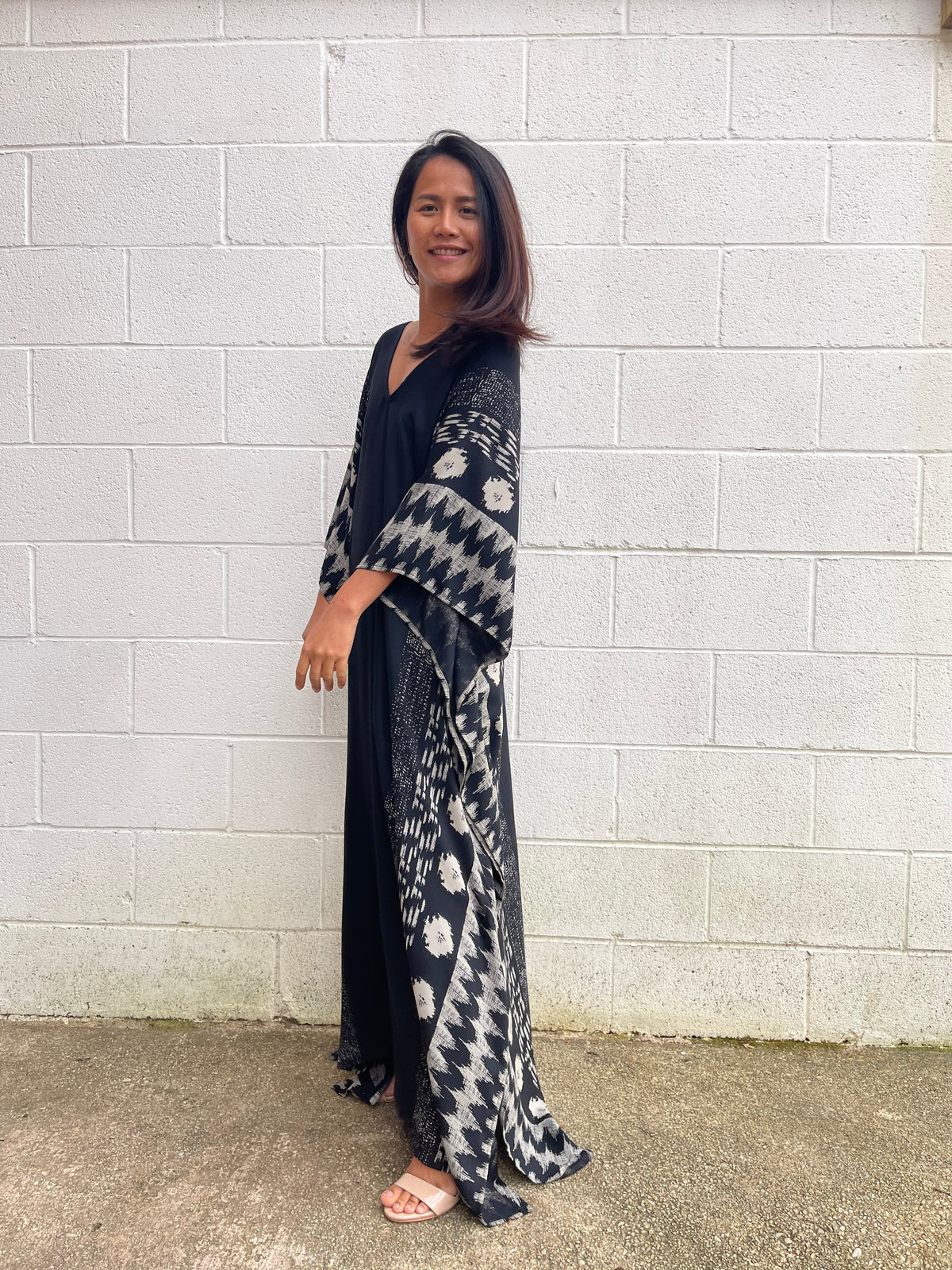 MALA handworks Luna Kaftan in Black and Pattern Silkscreen