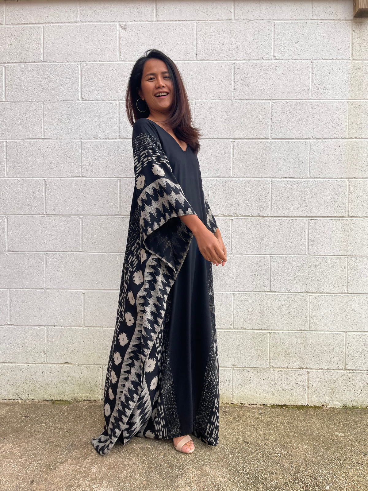 MALA handworks Luna Kaftan in Black and Pattern Silkscreen