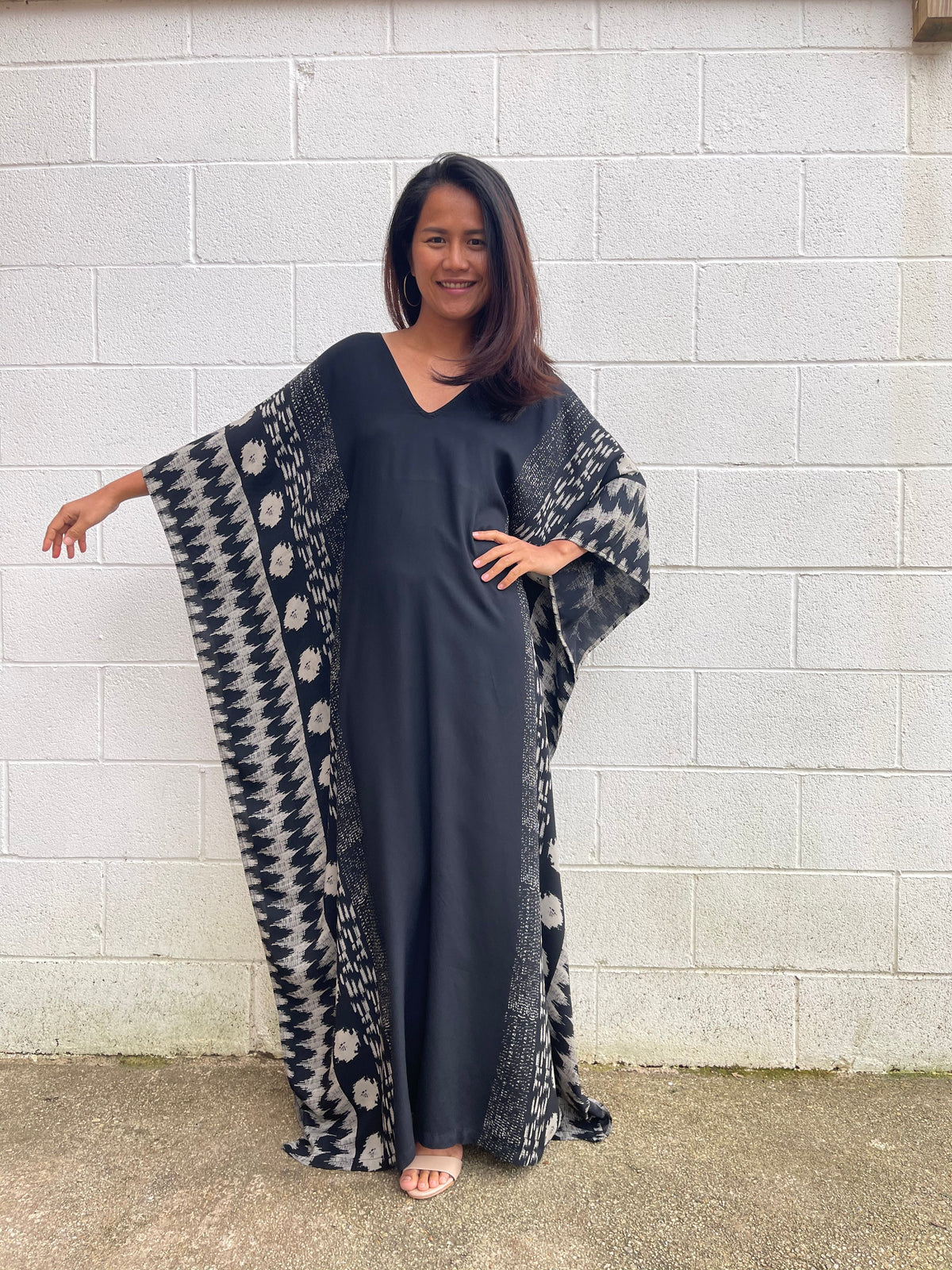 MALA handworks Luna Kaftan in Black and Pattern Silkscreen