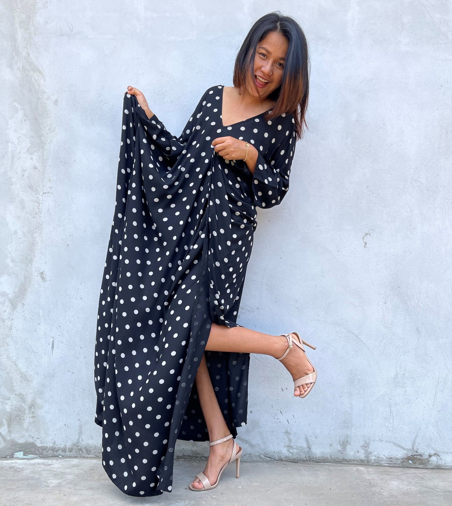 MALA handworks Luna Kaftan in Black and Polka Dot Silkscreen