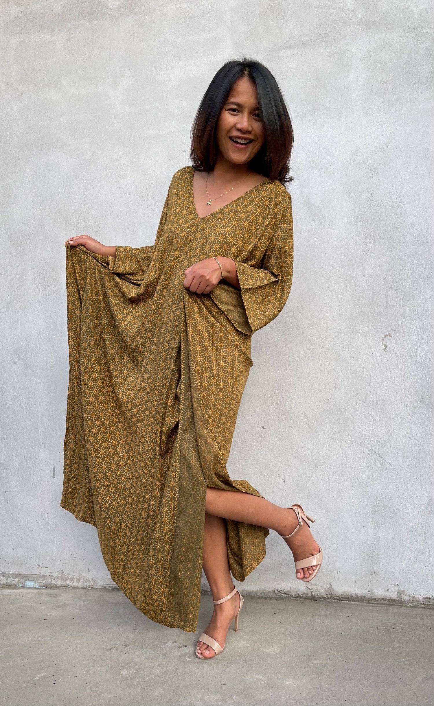 MALA handworks Luna Kaftan in Olive Green and Pattern Silkscreen