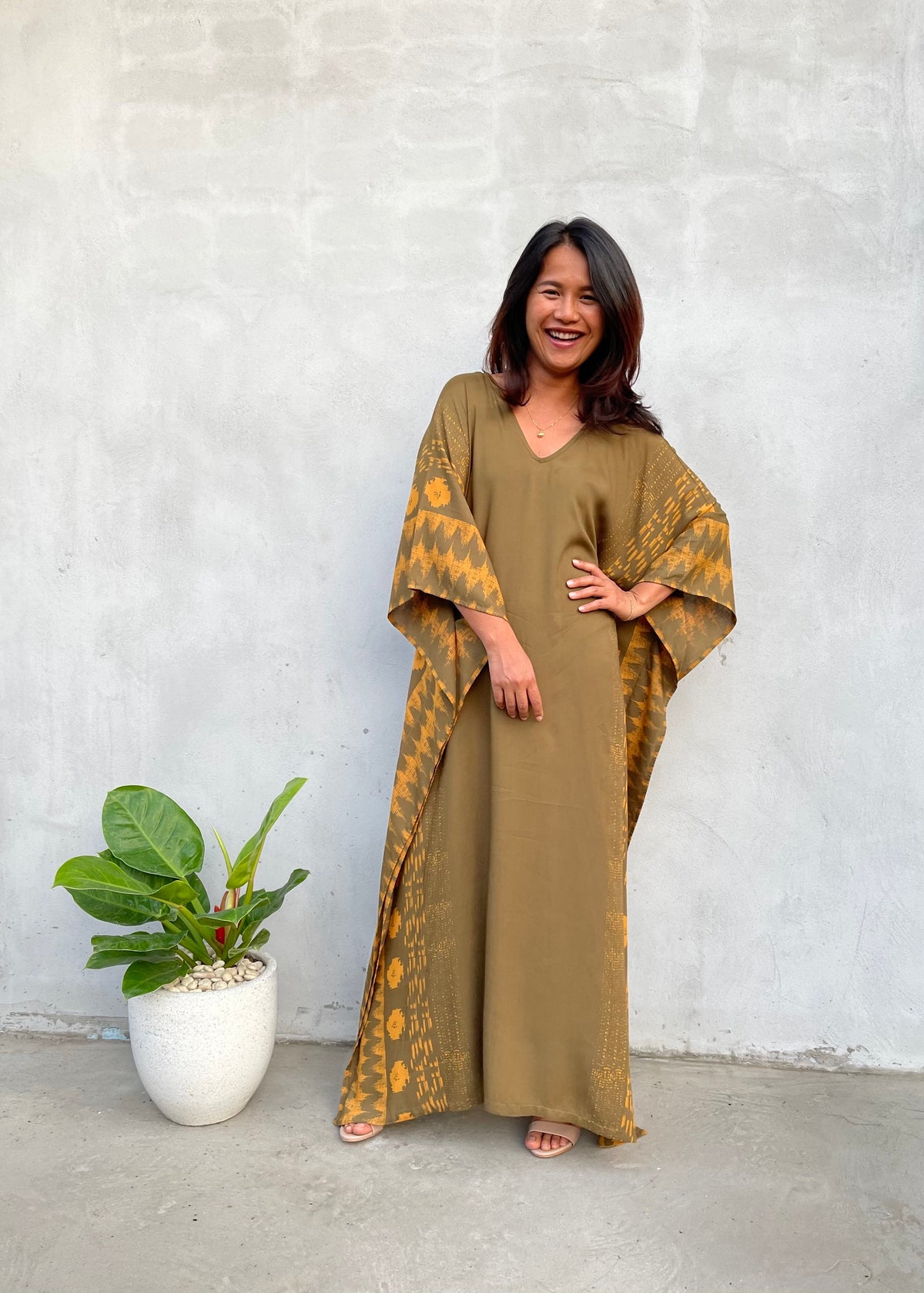 MALA handworks Luna Kaftan in Olive Green and Pattern Silkscreen