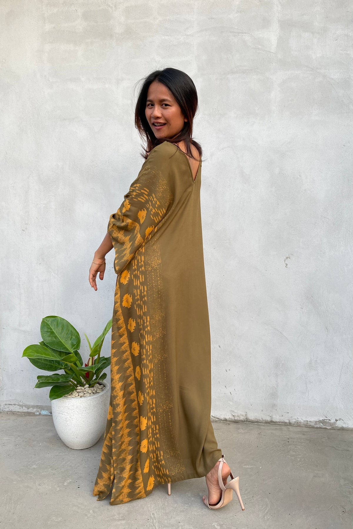 MALA handworks Luna Kaftan in Olive Green and Pattern Silkscreen