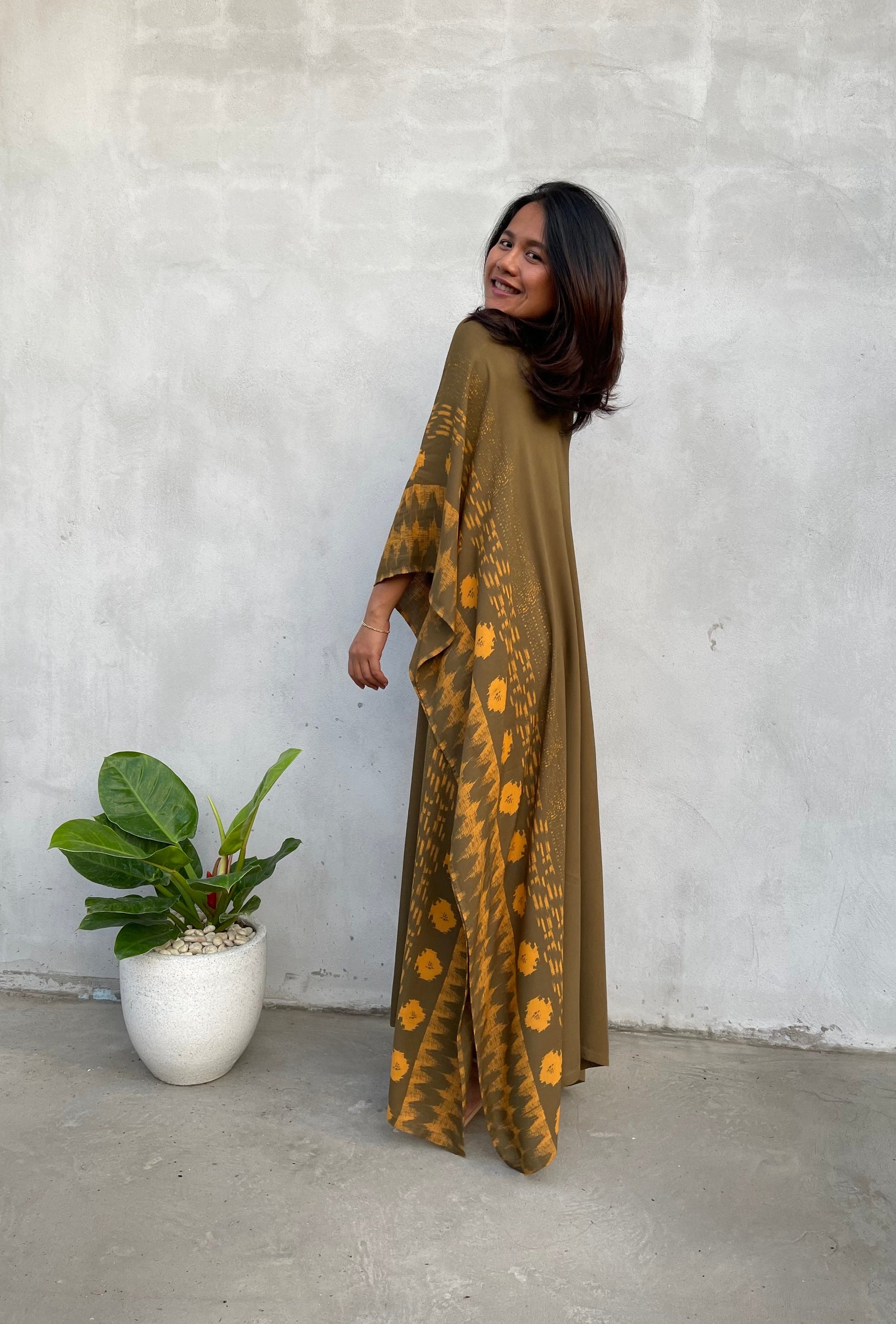 MALA handworks Luna Kaftan in Olive Green and Pattern Silkscreen