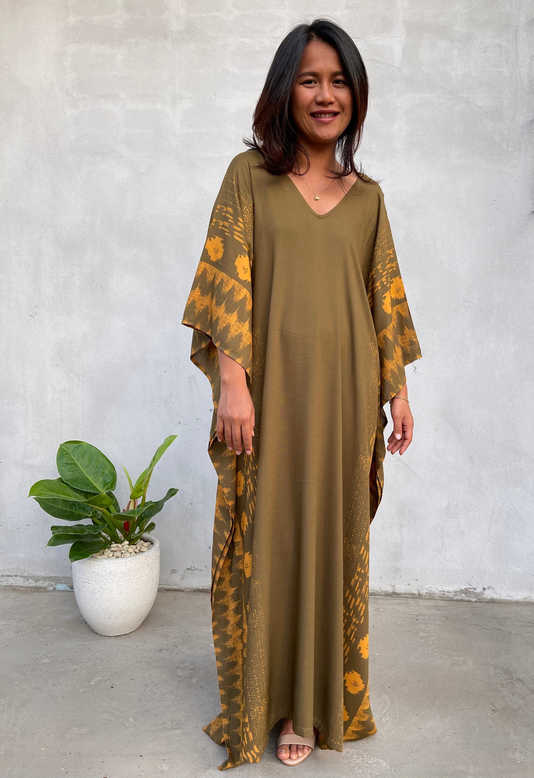 MALA handworks Luna Kaftan in Olive Green and Pattern Silkscreen