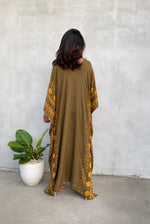 MALA handworks Luna Kaftan in Olive Green and Pattern Silkscreen