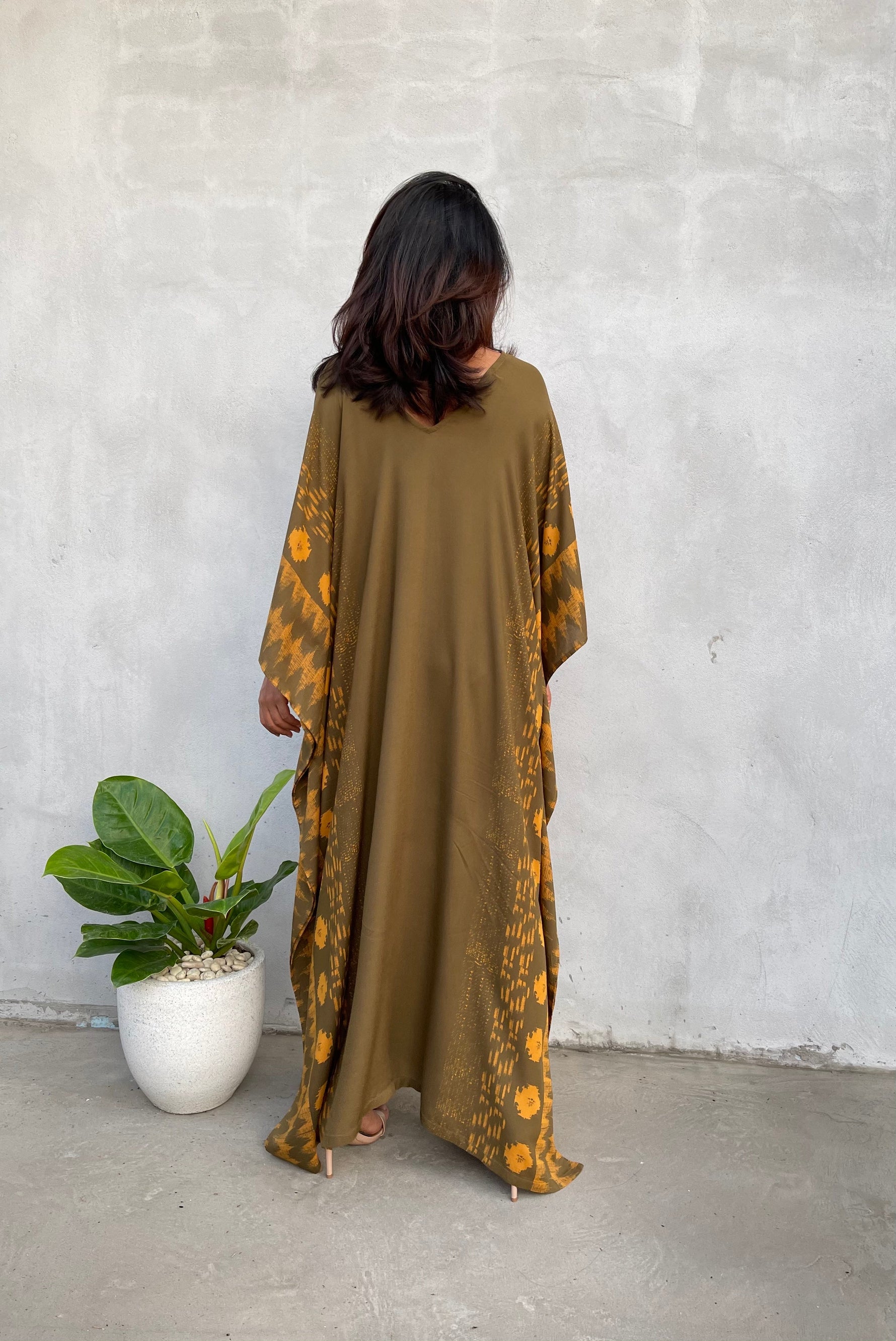 MALA handworks Luna Kaftan in Olive Green and Pattern Silkscreen