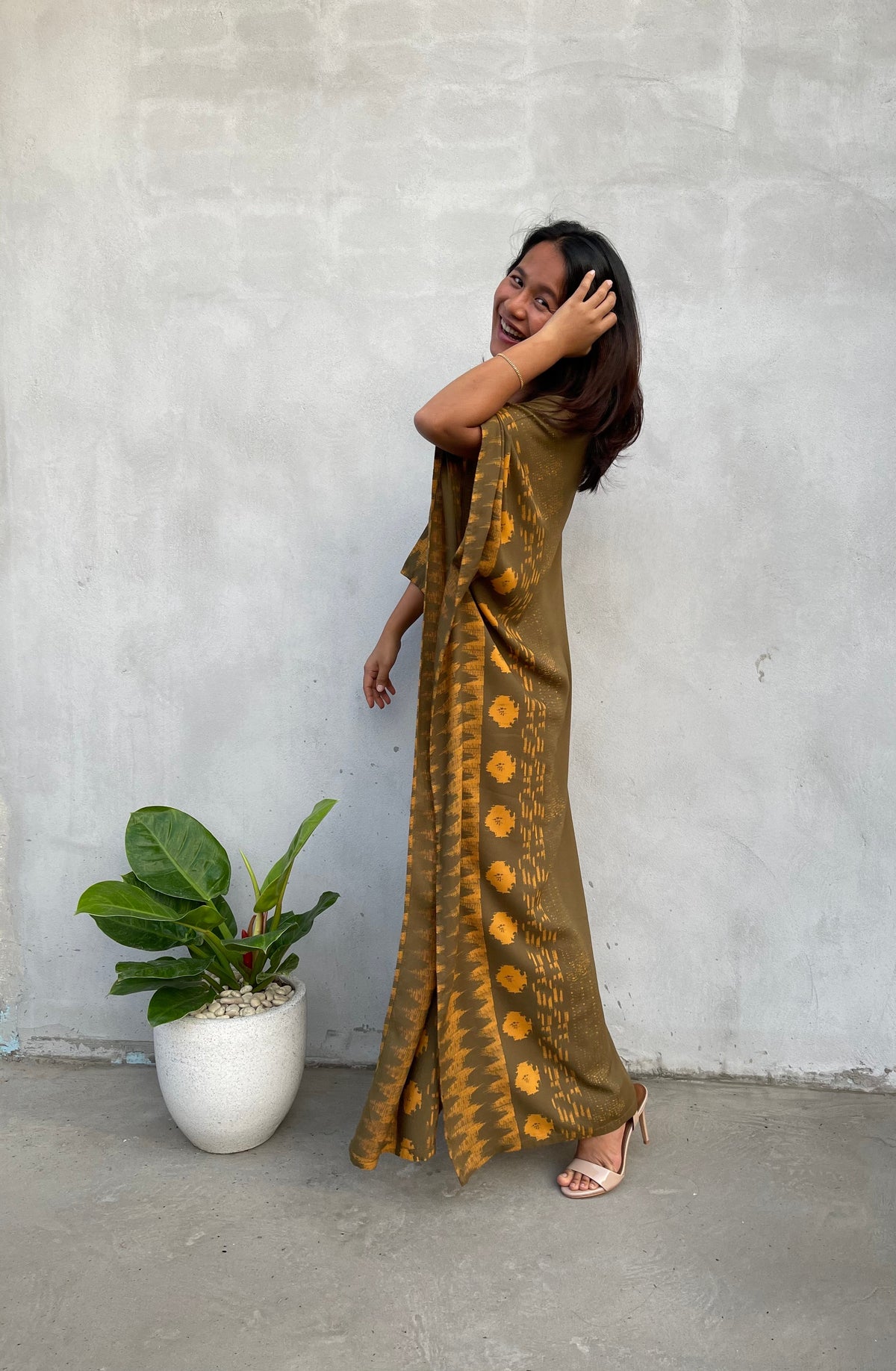 MALA handworks Luna Kaftan in Olive Green and Pattern Silkscreen