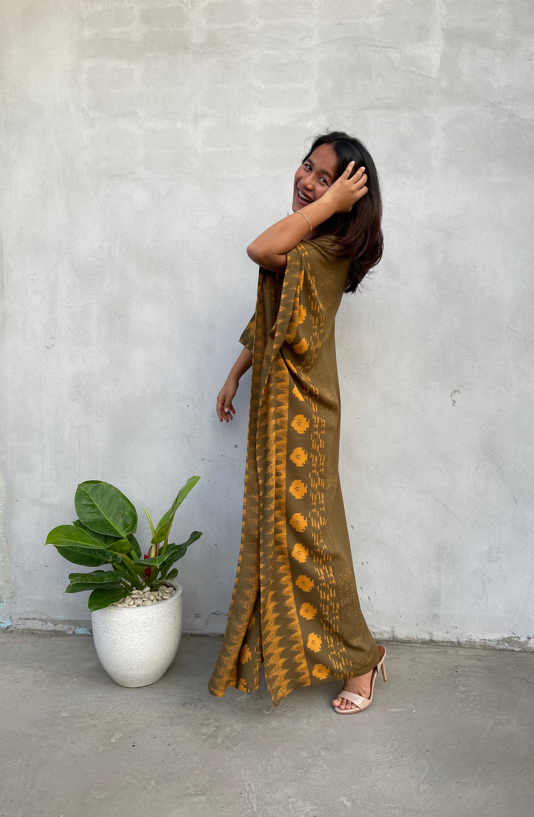 MALA handworks Luna Kaftan in Olive Green and Pattern Silkscreen