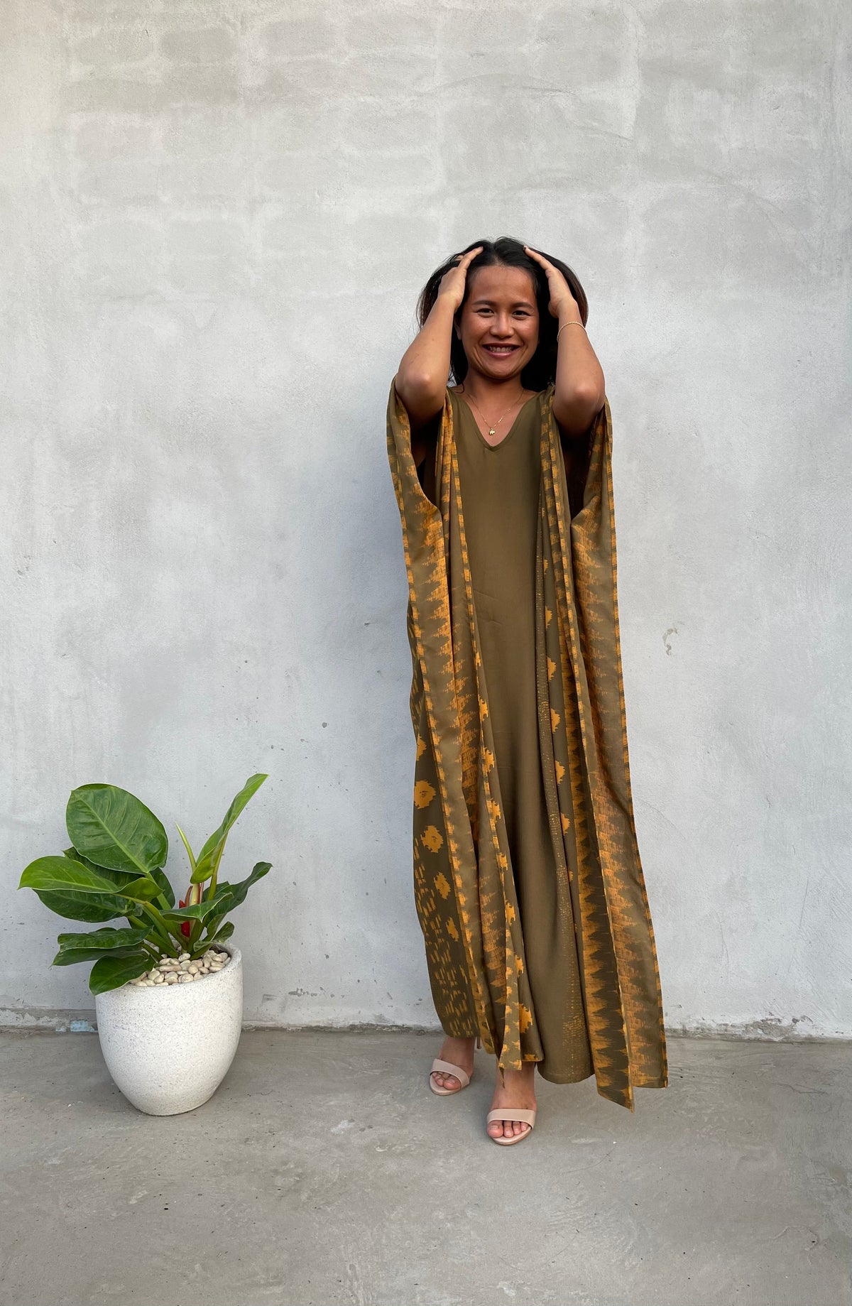 MALA handworks Luna Kaftan in Olive Green and Pattern Silkscreen